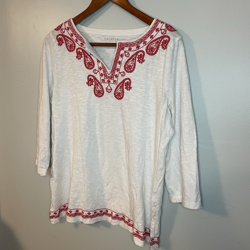 Talbots White Red Embroidered Tunic Top Paisley Boho Cotton 3/4 Sleeve Blouse Lp - Picture 2 of 5